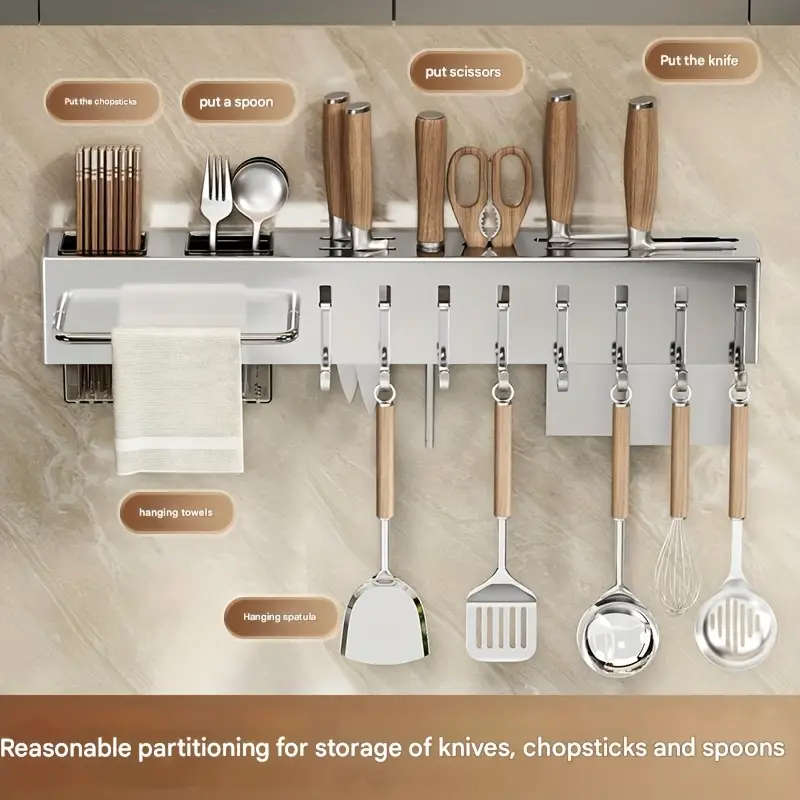 1pc Modern Wall-Mounted Kitchen Rack Carbon Steel Multi-Functional Utensil Holder 50cm
