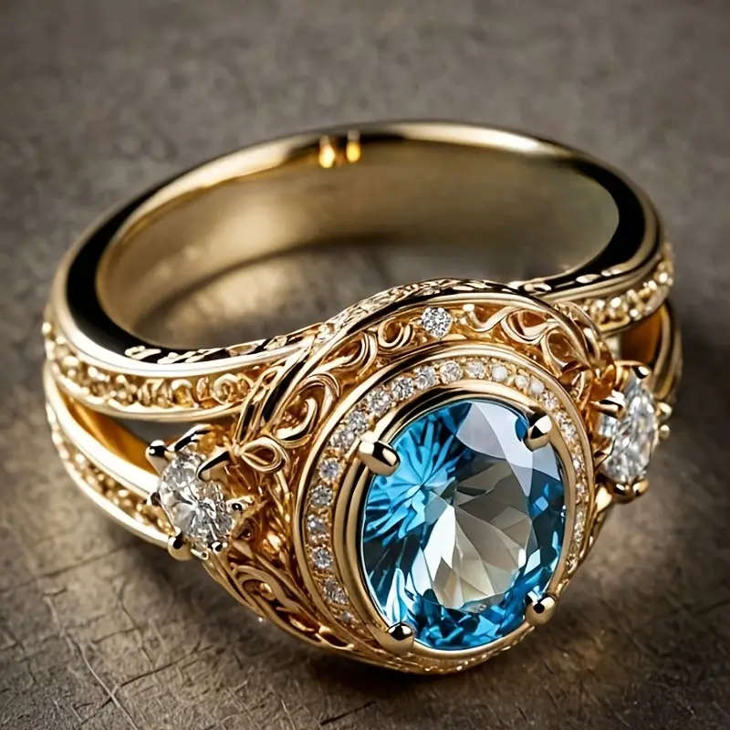 Gold Plated Copper Ring with Sparkling Blue Cubic Zirconia