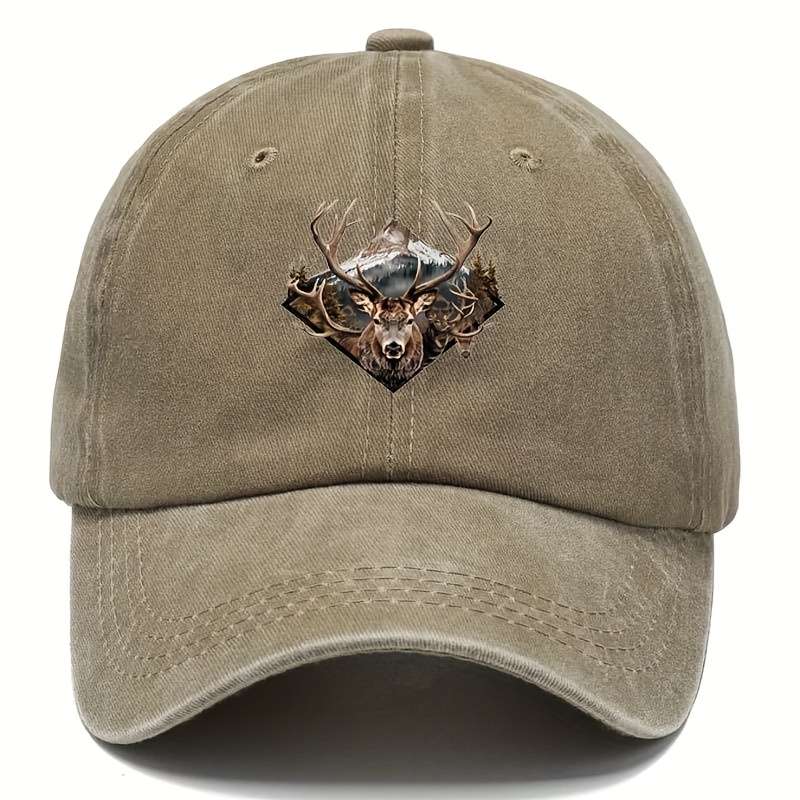1pc Vintage-Style Unisex Elk Baseball Cap Green Suede with Deer Head Design Adjustable Fit for O