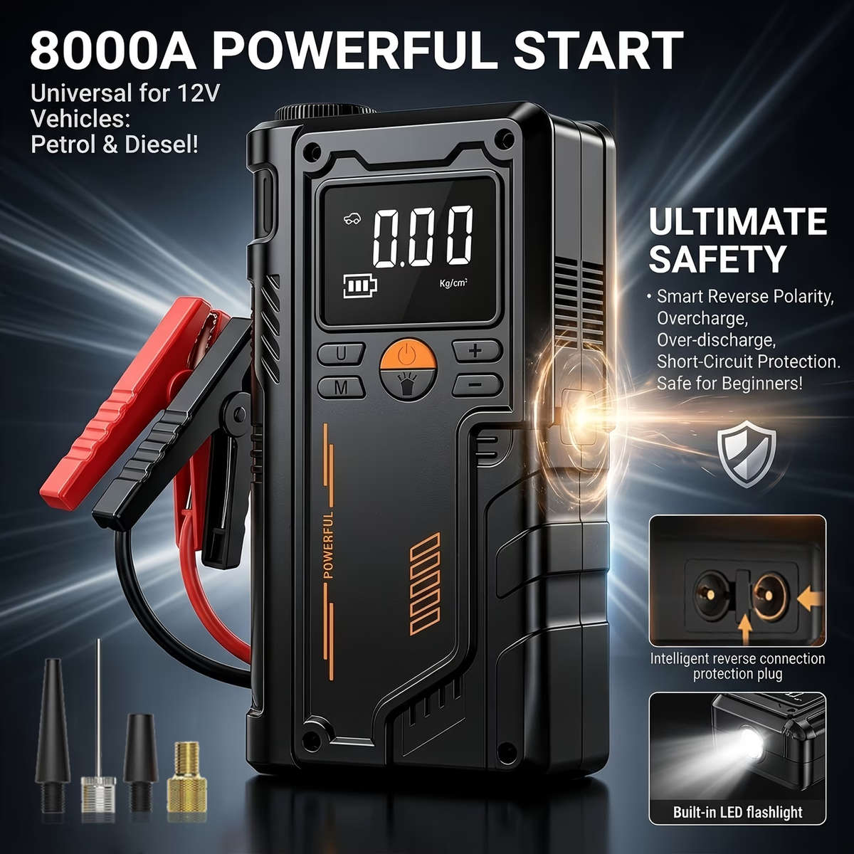 Heavy Duty 9 in 1 Emergency Car Jump Starter and Tyre Inflator