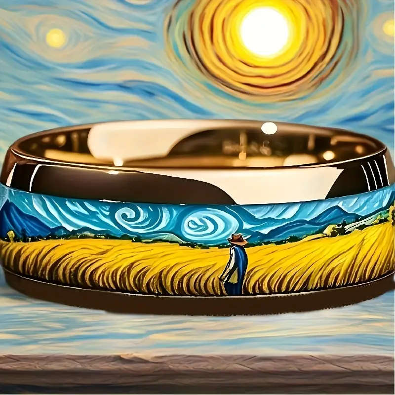 8mm Titanium Van Gogh Abstract Art Ring