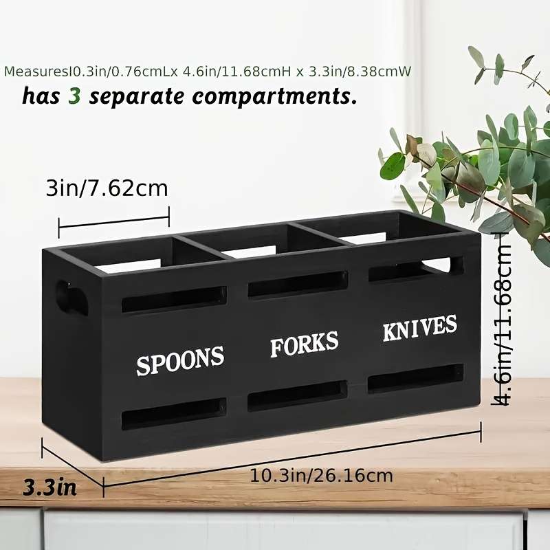 1pc Classic Wooden Kitchen Utensil Rack with Solid Iron Handle 3-Compartment Storage Basket for S