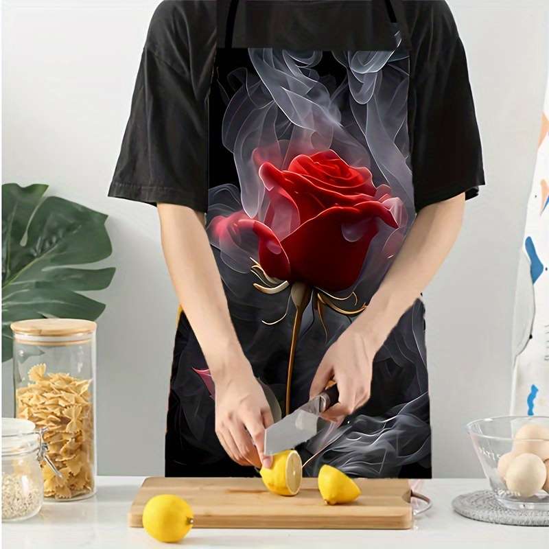 1pc Elegant Red Rose Pattern Polyester Apron Colorful Printed Sleeveless Kitchen Bib with Vib