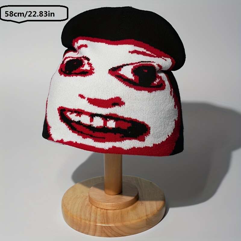 Trendy Knit Beanie with Unique Big Eyes Mouth Design Stretch Fit Lightweight