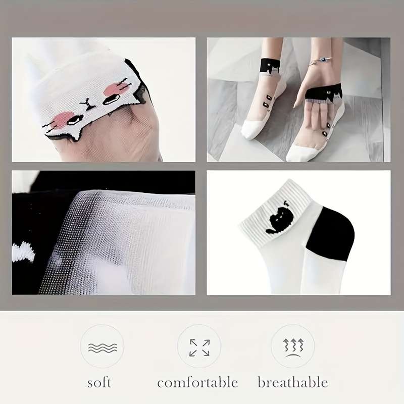 5 Pairs Black And White Cat A One Size High Elastic Socks