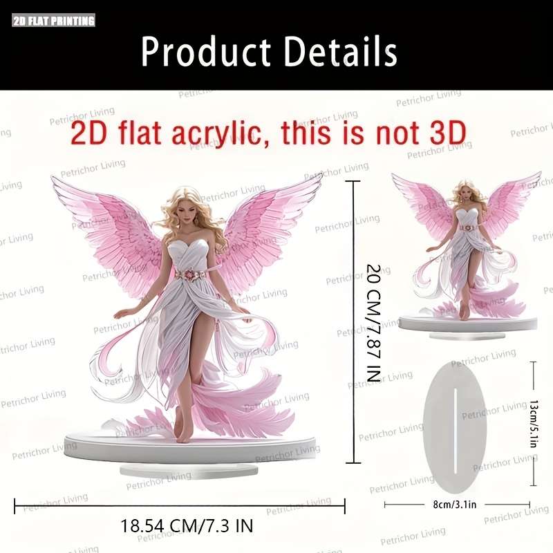 1pc 2D Flat  Bohemian Style  Print Acrylic Angel Desktop Decoration with Pink Wings Serene