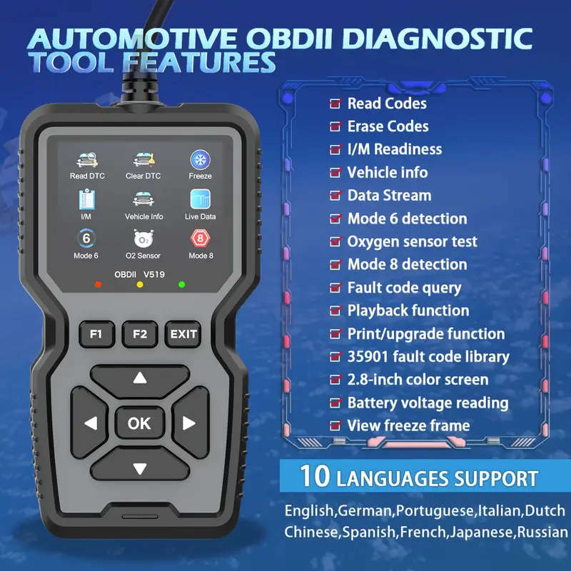 1pc Professional OBD2 Diagnostic Scanner Tool USB Powered Engine Fault Detector Code Reader Battery