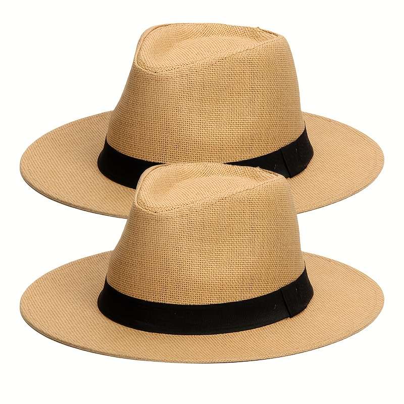 1pc Men'S Woven Straw Jazz Hat with Decorative Ribbon Elegant Wide-Brim Vintage Style for Outdo