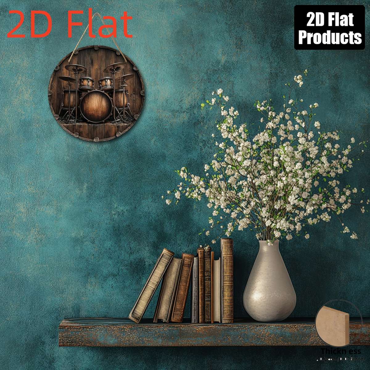 2D Flat 20.32x20.32 cm Drum-Themed Round Wooden Wall Art Frameless Rustic Metallic Finish I