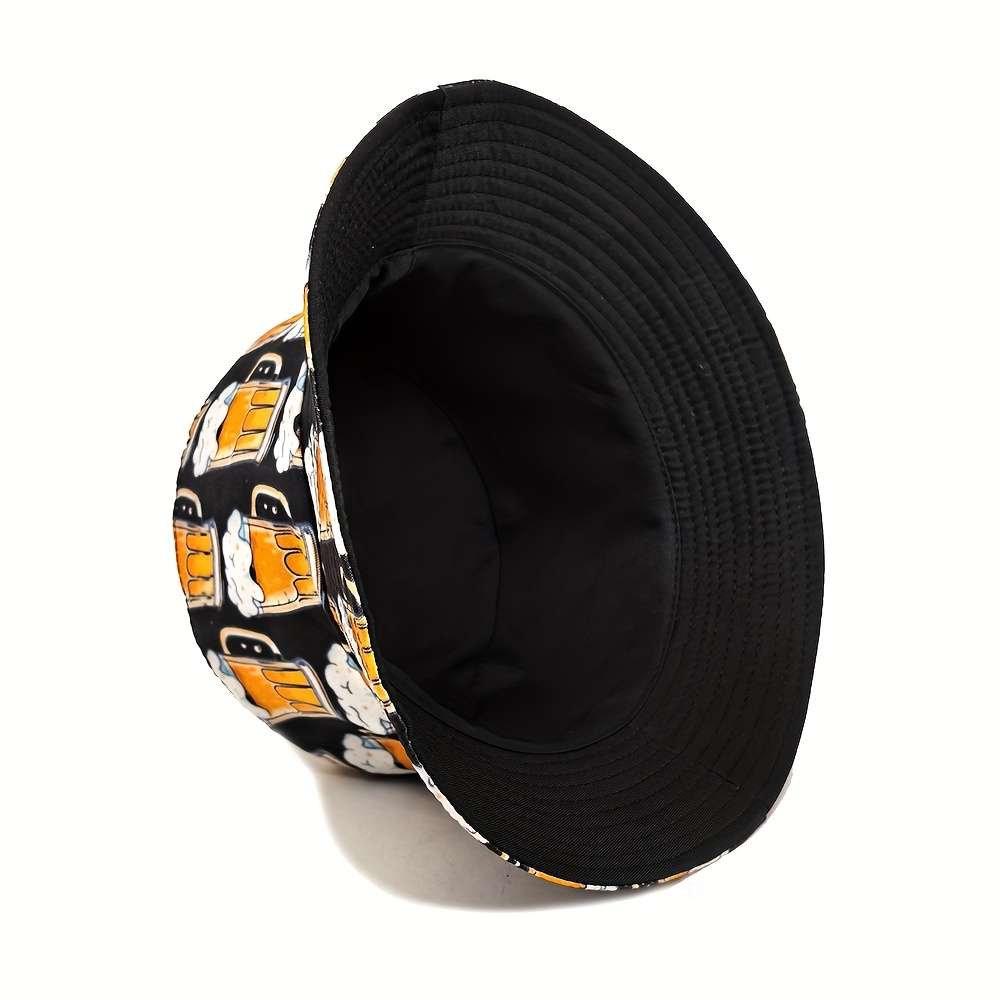 FUODRAO Men'S Stylish Beer Print Bucket Hat Double-Sided Sun-Protective Beach Cap