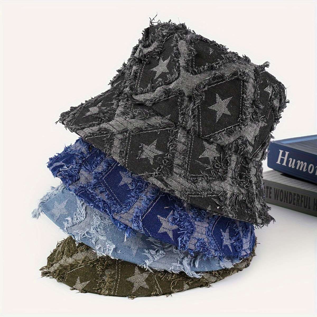 1pc Distressed Star-Patterned Denim Bucket Hat Foldable Sun-Protective Outdoor Cap for Men Wom