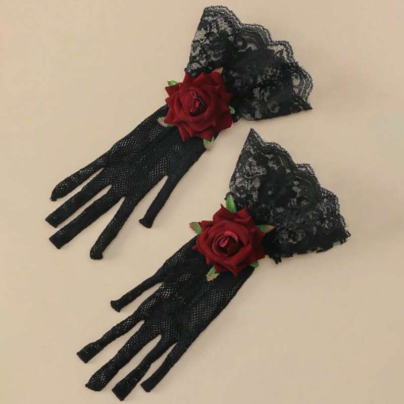 1 Pair Polychrome Floral 3D Rose And Lace Gloves