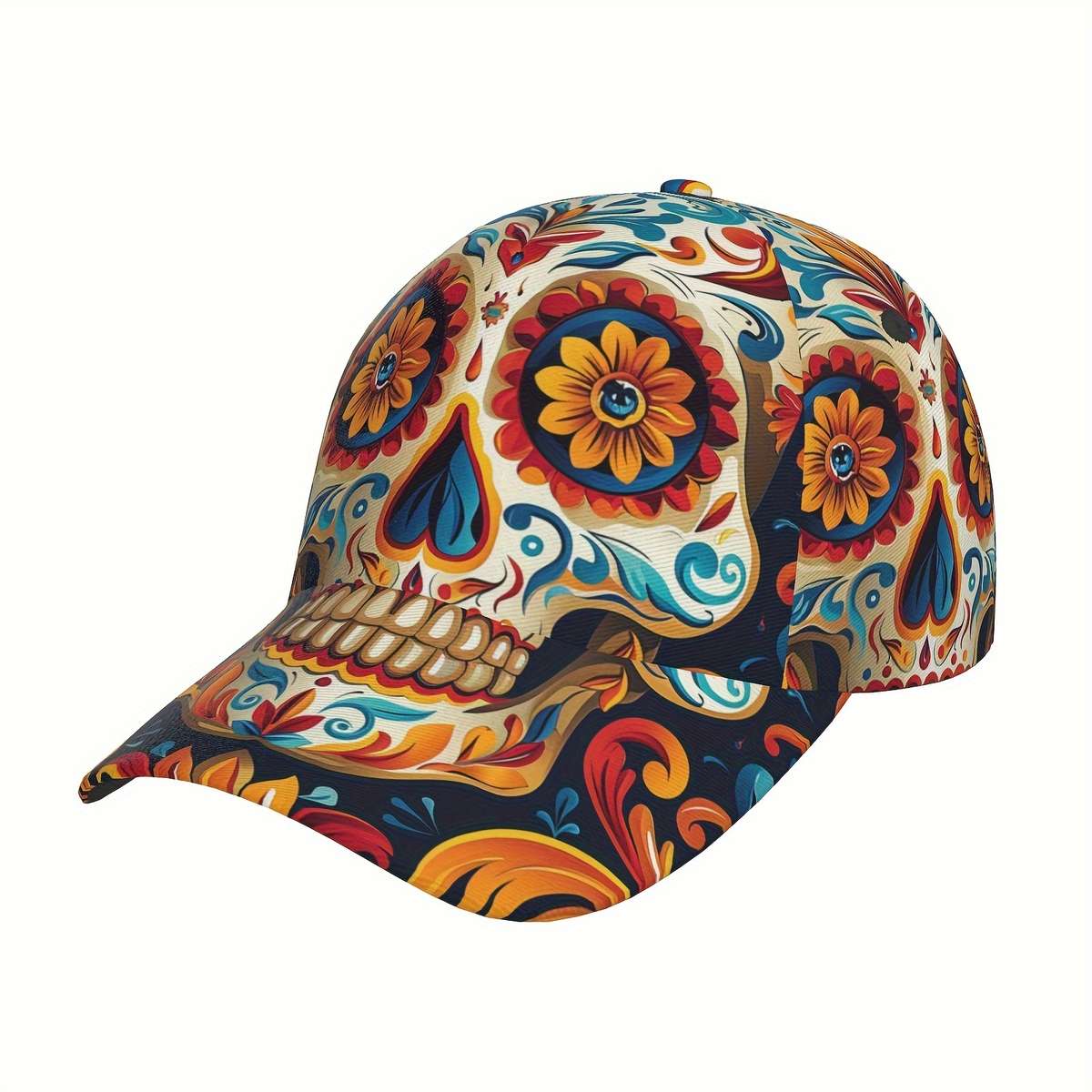 Gothic Sugar Skull Print Baseball Cap Adjustable Breathable Lightweight