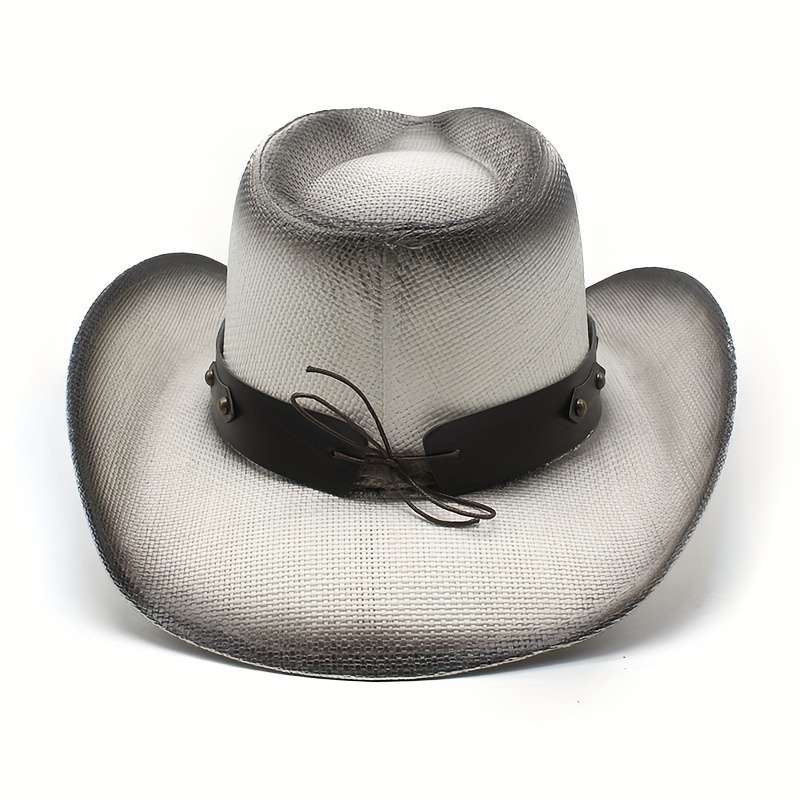1pc Vintage Western Cowboy Hat with Intricate Silvery Horse Buckle Decor Black Faux Leather B