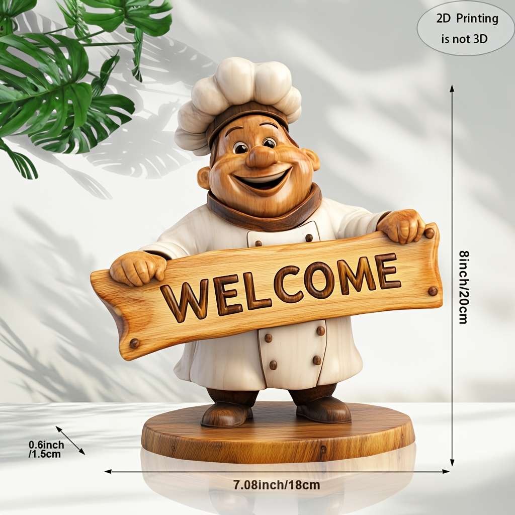 2D Flat Handmade Wooden Welcome Sign Sculpture with Chef Figurine Elegant 2D Printed Home T
