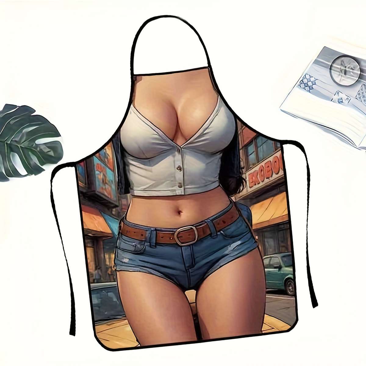 1pc White Denim Vest Print Kitchen Apron for Women Stylish Polyester Fabric with Neck Strap