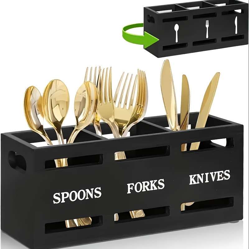 1pc Classic Wooden Kitchen Utensil Rack with Solid Iron Handle 3-Compartment Storage Basket for S