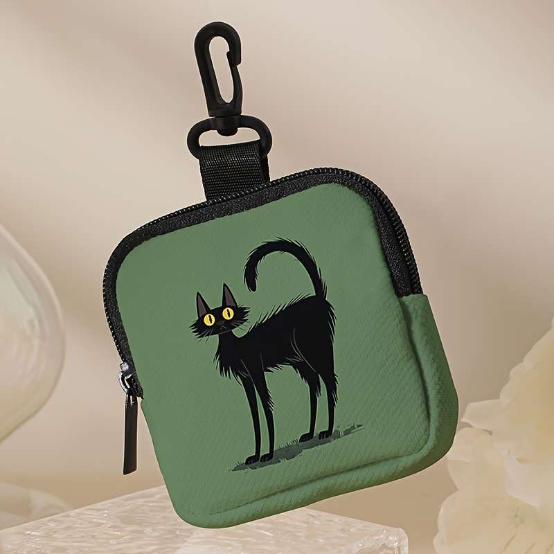 Green Bottom Cat Print Coin Purse With Zipper And Buckle Multi-Purpose Storage Bag