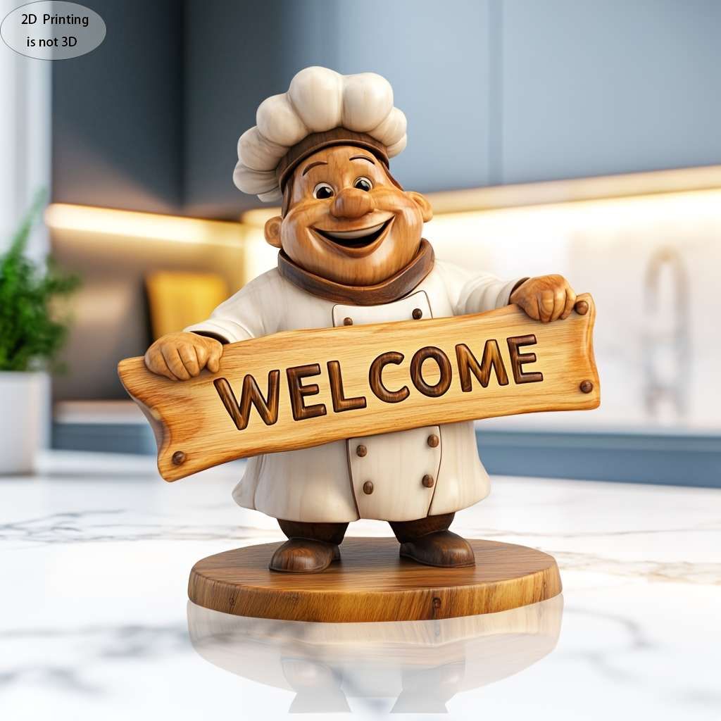 2D Flat Handmade Wooden Welcome Sign Sculpture with Chef Figurine Elegant 2D Printed Home T