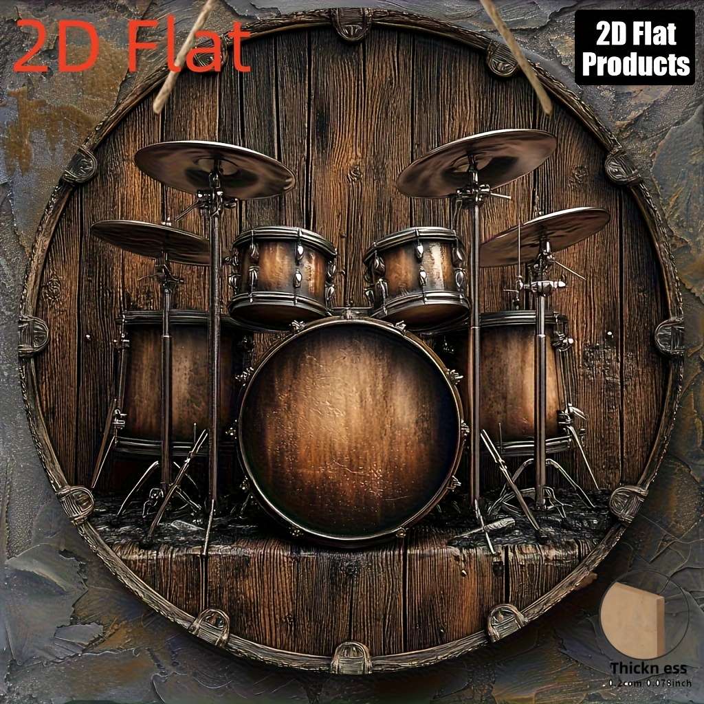 2D Flat 20.32x20.32 cm Drum-Themed Round Wooden Wall Art Frameless Rustic Metallic Finish I