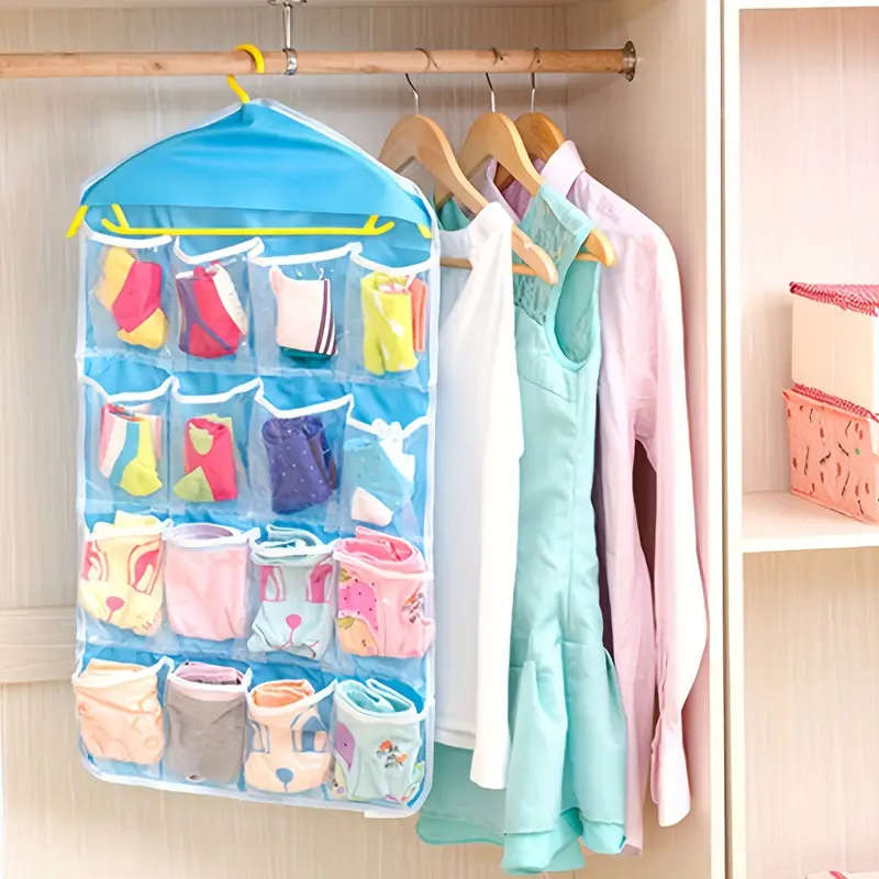 1pc Colorful 16-Pocket Hanging Storage Organizer for Socks Underwear Small Items Transparent Mesh De
