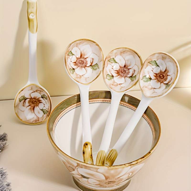 6pcs Elegant Long-Handle Ceramic Coffee Spoons with Floral Design Ideal for Serving Coffee T