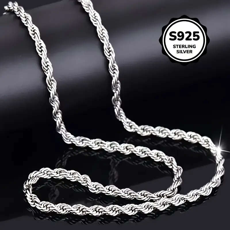 925 Sterling Silver Twisted Rope Necklace, Simple Hip-Hop Style, Shiny Basic Chain