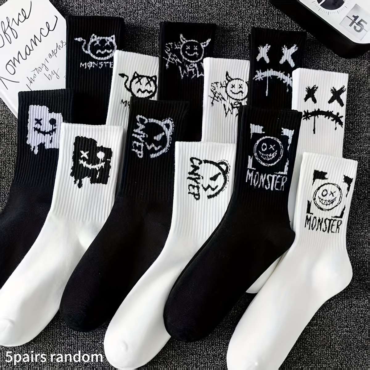 5 Pairs Random Black And White One Size High Elastic Socks