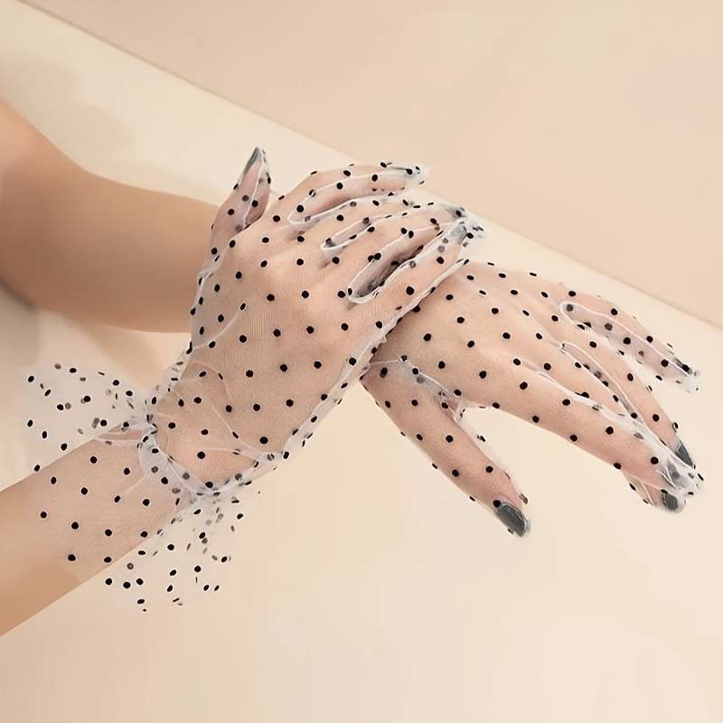 1 Pair Black Dots Black And White Lace Gloves