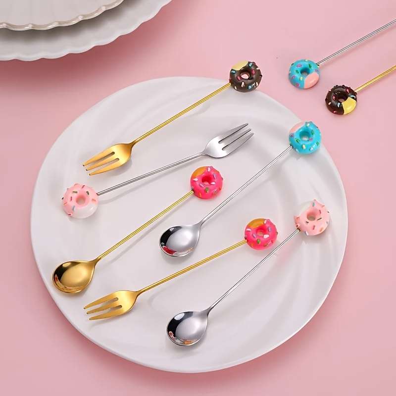 4pcs Cute Donut Theme Stainless Steel Coffee Spoon Fork Elegant Golden Dessert Spoon Fruit