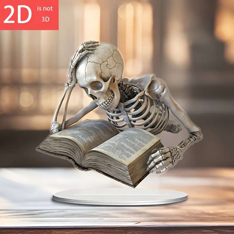 1pc 2D Flat   Acrylic Skeleton Desktop Decoration Classic Style Thoughtful Reading Pose Creat