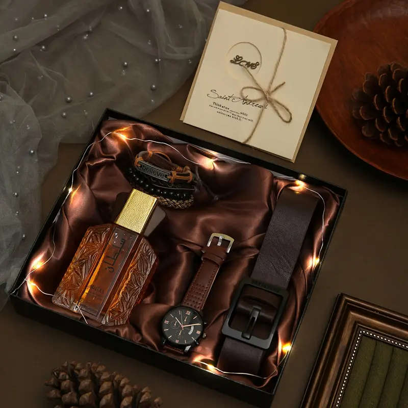 8Piece Set Men'S Watch Gift Box Set 3 Bracelet Sets Fashion Watches Perfume Belts Greeting Cards Atm