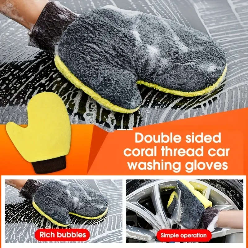 1pc Double-Sided Coral Thread Car Wash Gloves Polyester Chenille Wipe Towel Paint-Free Waterproof Th