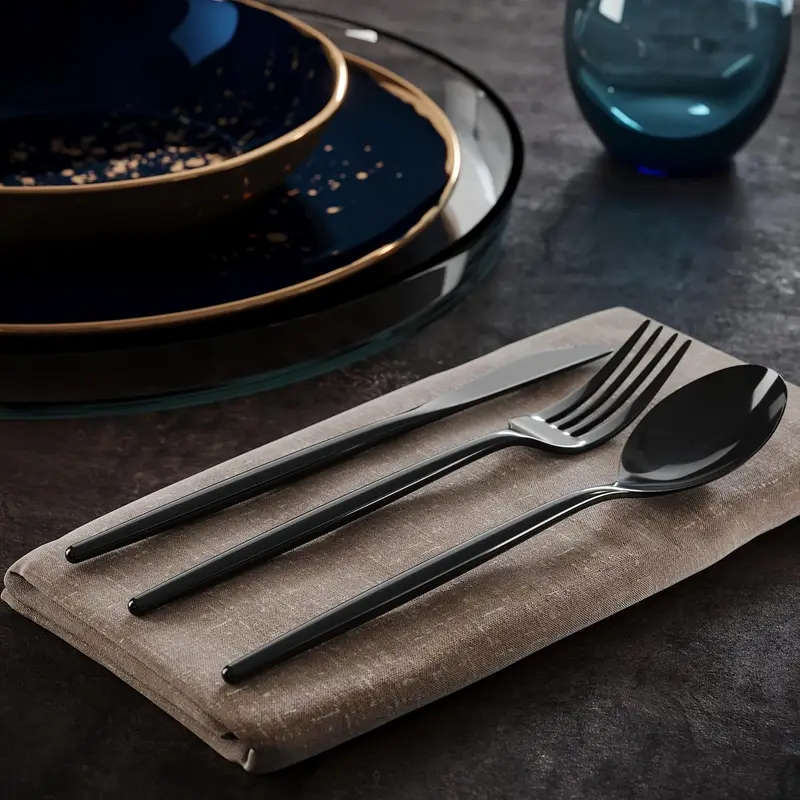 8 Piece Black Stainless Steel Cutlery Set with Knives, Forks, Spoons & Dessert Spoons