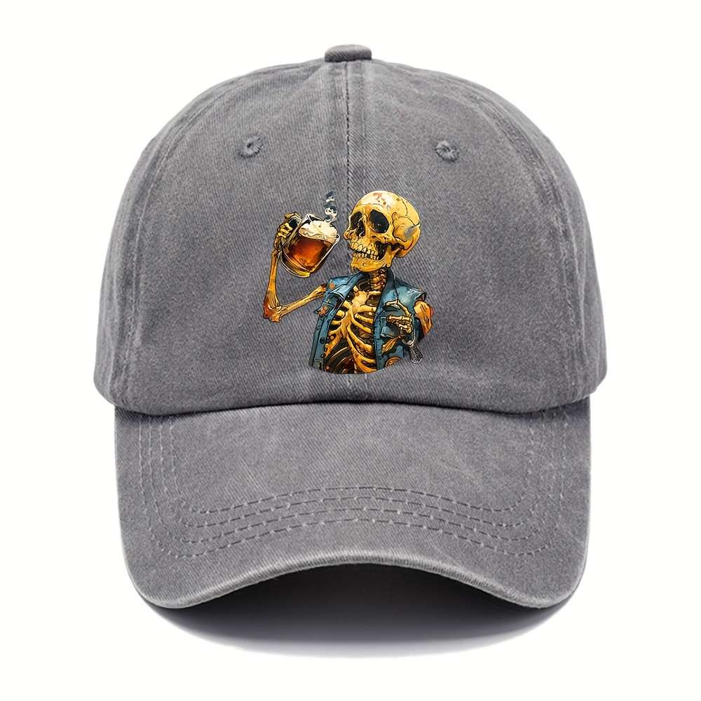 1pc Halloween Skeleton Holding Wine Baseball Cap Adjustable Vintage Casual Hat Unisex Breathable