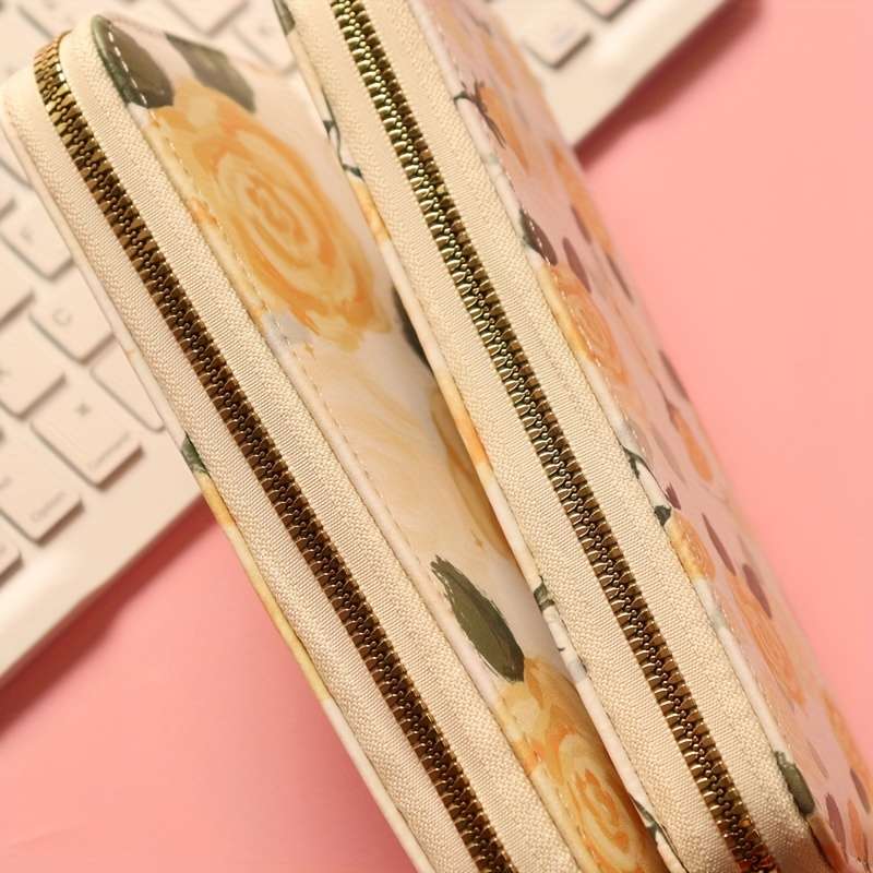 Women'S Fashionable Long Zipper Wallet With Floral Pattern Double Compartment Multiple Card
