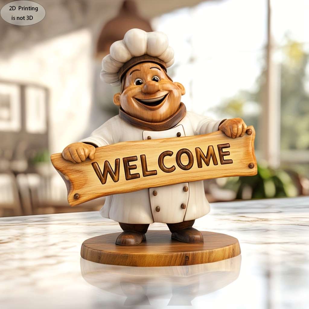2D Flat Handmade Wooden Welcome Sign Sculpture with Chef Figurine Elegant 2D Printed Home T