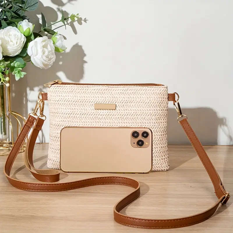 Straw Woven Handbag, Small Lightweight And Safe With Zipper Closure
