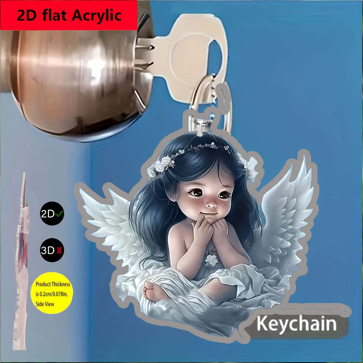 2D Flat Angel Wing Acrylic Pendant Floral Crown Serene Angel Design 0.3cm x 0
