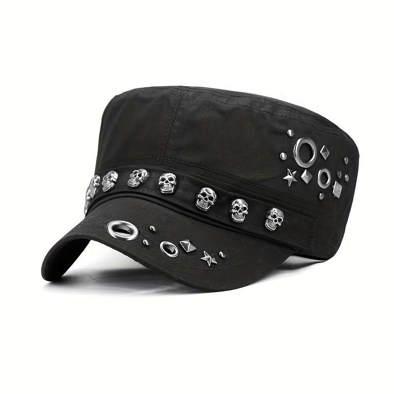 1pc Vintage Skull Rivet Flat Top Hat Lightweight Stretchable Cotton Sun Cap for Independence Day