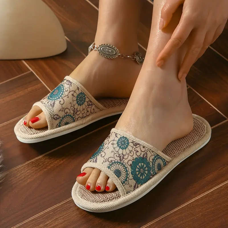 Floral Linen Breathable Open Toe Flat Shoes