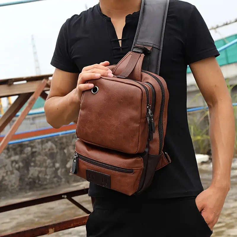 Men's Large Capacity Chest Backpack Retro Multi-layer Slant Shoulder Bag With Earphone Cables Hole