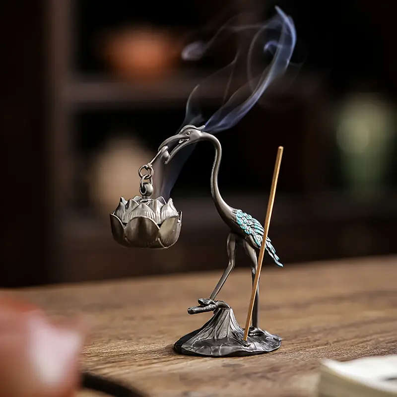 1 Elegant Metal Crane And Lotus Incense Burner