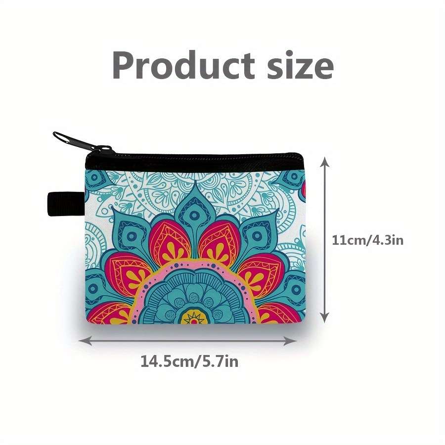Stylish Mandala Print Zipper Pouch Lightweight Durable Polyester Coin Purse With Vibrant Flor
