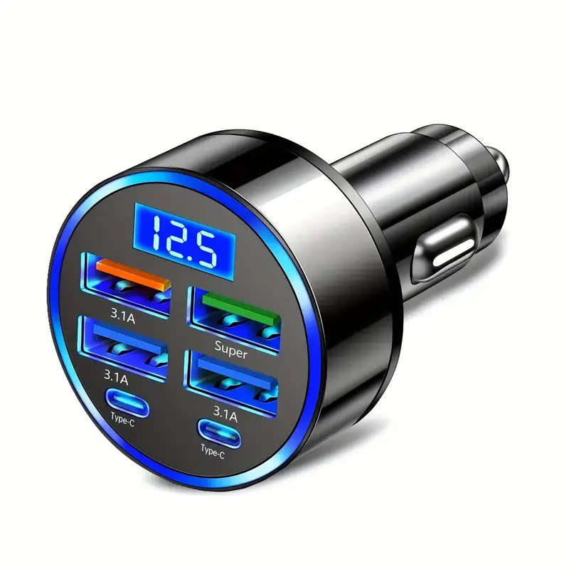 6 in 1 Car Charger with Digital Display 3.1A Multi-Function Fast Charge QC3.0 Compatible Car Plug
