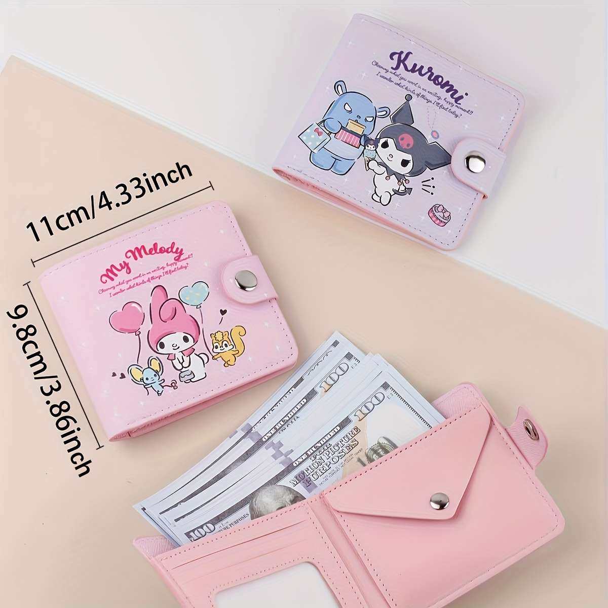Sanrio Cartoon Cute Wallet Pink Yellow Blue Purple Multi-Compartment Wallet With Button