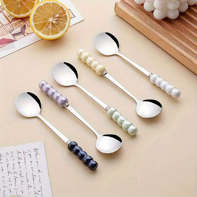 4pcs Stainless Steel Coffee Scoops with Elegant Ceramic Pearl Handle Multi-Purpose Soup Desse