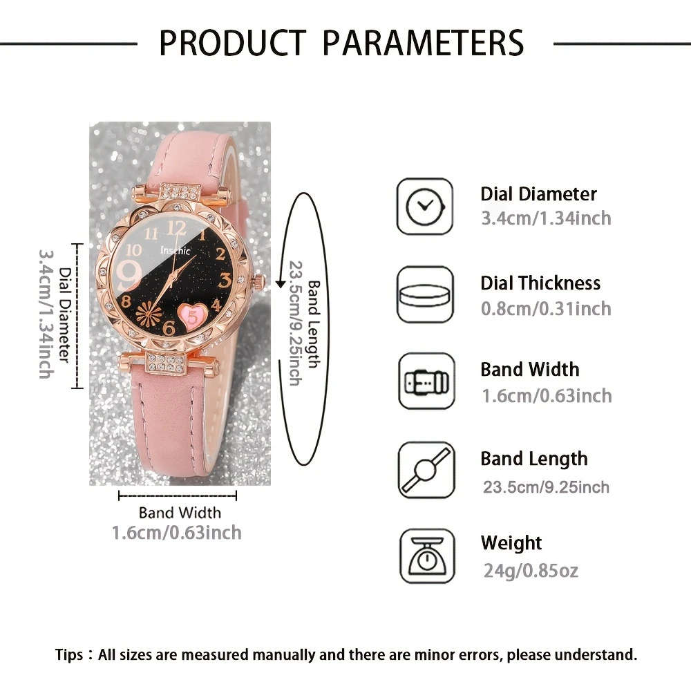 6pcs set Simple Style Quartz Watch and Jewelry Set for Women Round Zinc Alloy Case Faux Leather Band