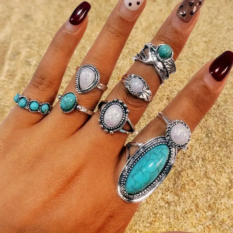 8pcs Vintage Boho Turquoise Mosaic Alloy Ring Set