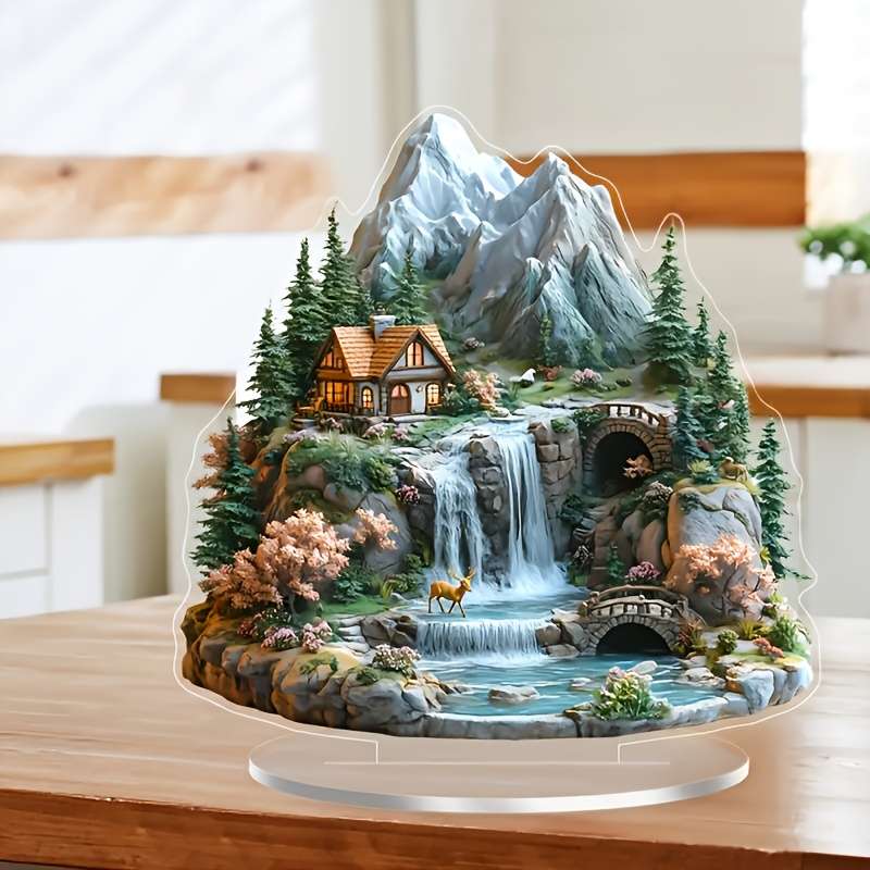 1pc 2D Flat  Decoration Charming Acrylic Mountain House Decoration with Waterfall and Forest La
